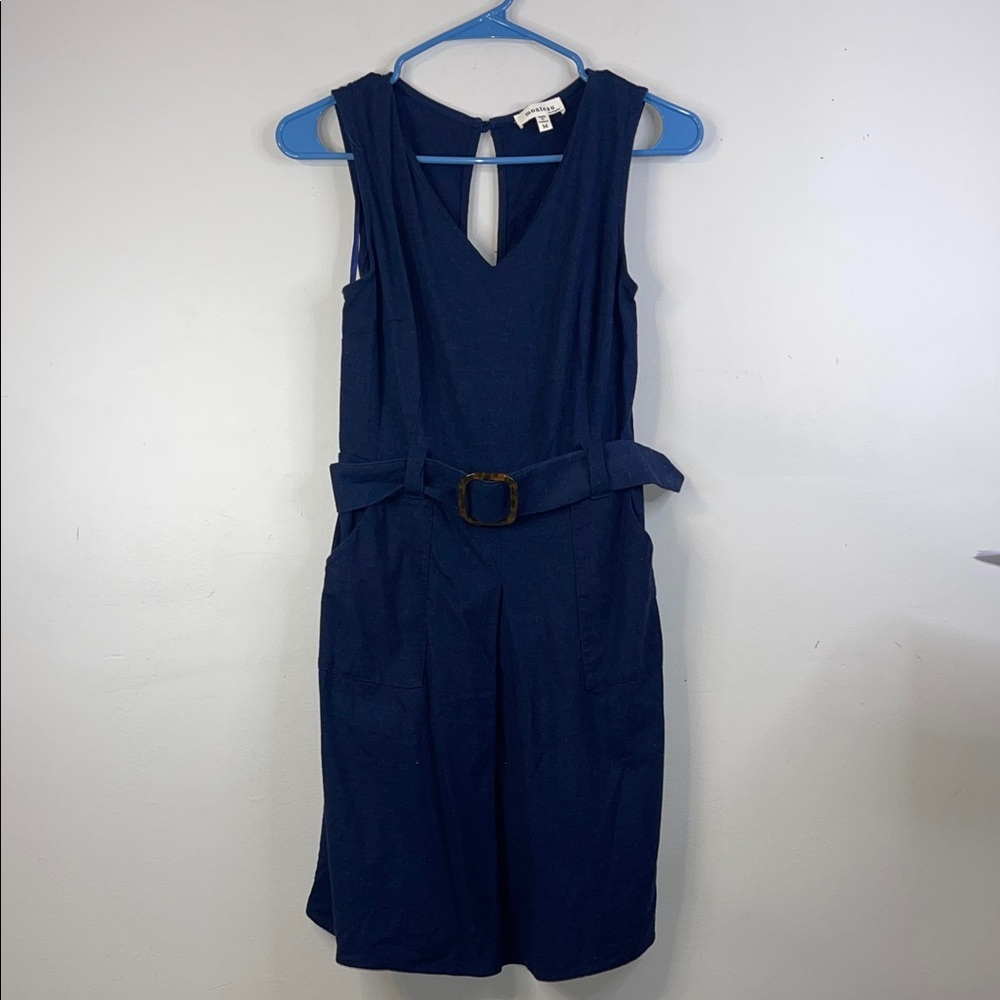 Monteau Los Angeles Navy Blue Linen Blend Belted Midi Dress Medium #297